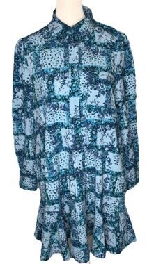 Tuckernuck Floral Patchwork Blue Ruffle Hem Shirt Dress Size S